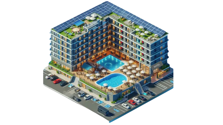 Ilustración isométrica de un hotel con placas solares