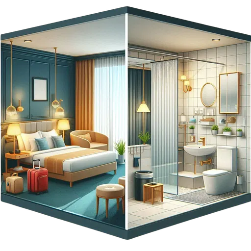 Ilustración de una habitación y baño de hotel